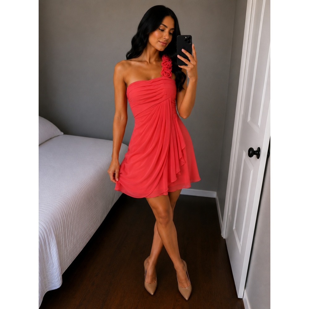 Eureka Women Medium Coral One-Shoulder‎ Rosette Strap Empire Waist Midi Dress